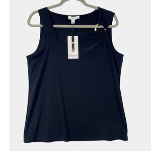Nine West Women's Tank Top Black Sleeveless Gold Ring Detail Size‎ M Square Neck